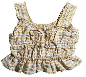 Charmed Hearts Gingham Smocked Tie Ruffle Tank Top Yellow White Small Cottage